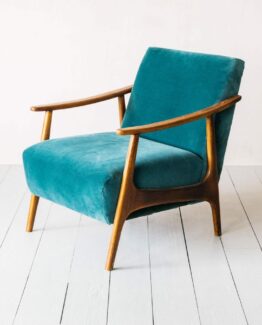 Mid Century Modern Teal Velvet Upholstered Armchair