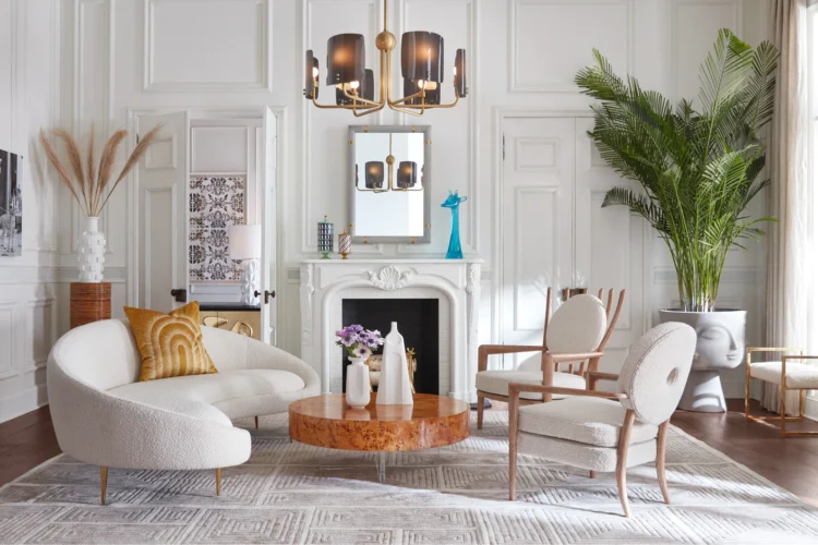 Mid century boucle sofa in high ceilinged traditional room