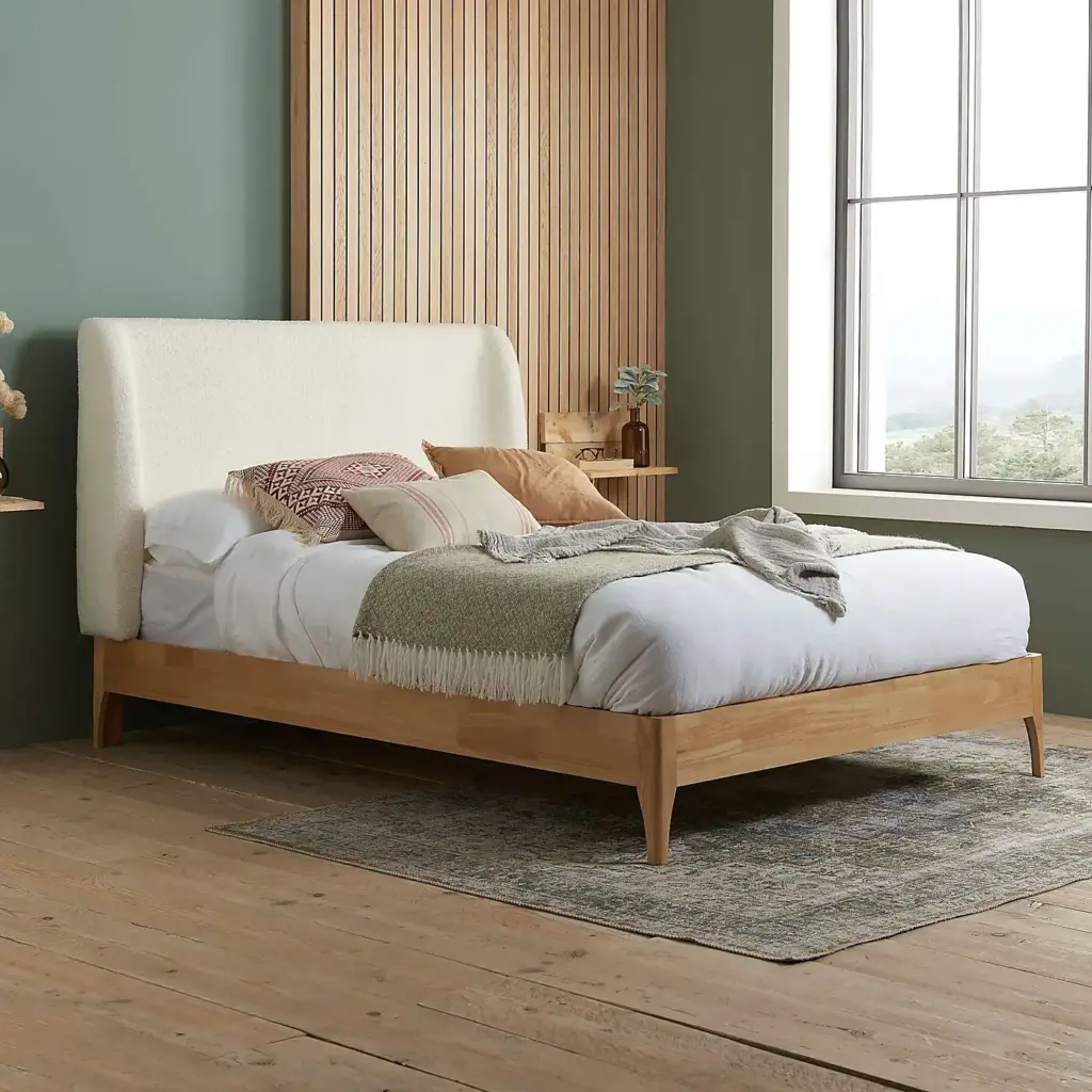 Halfden Boucle and Wooden Bed