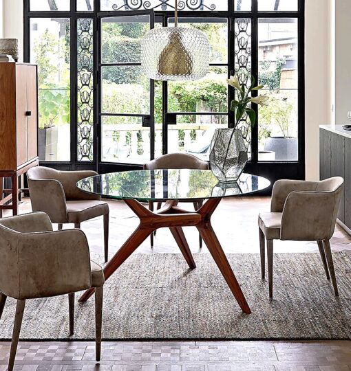 Maricielo Round Glass & Walnut Table